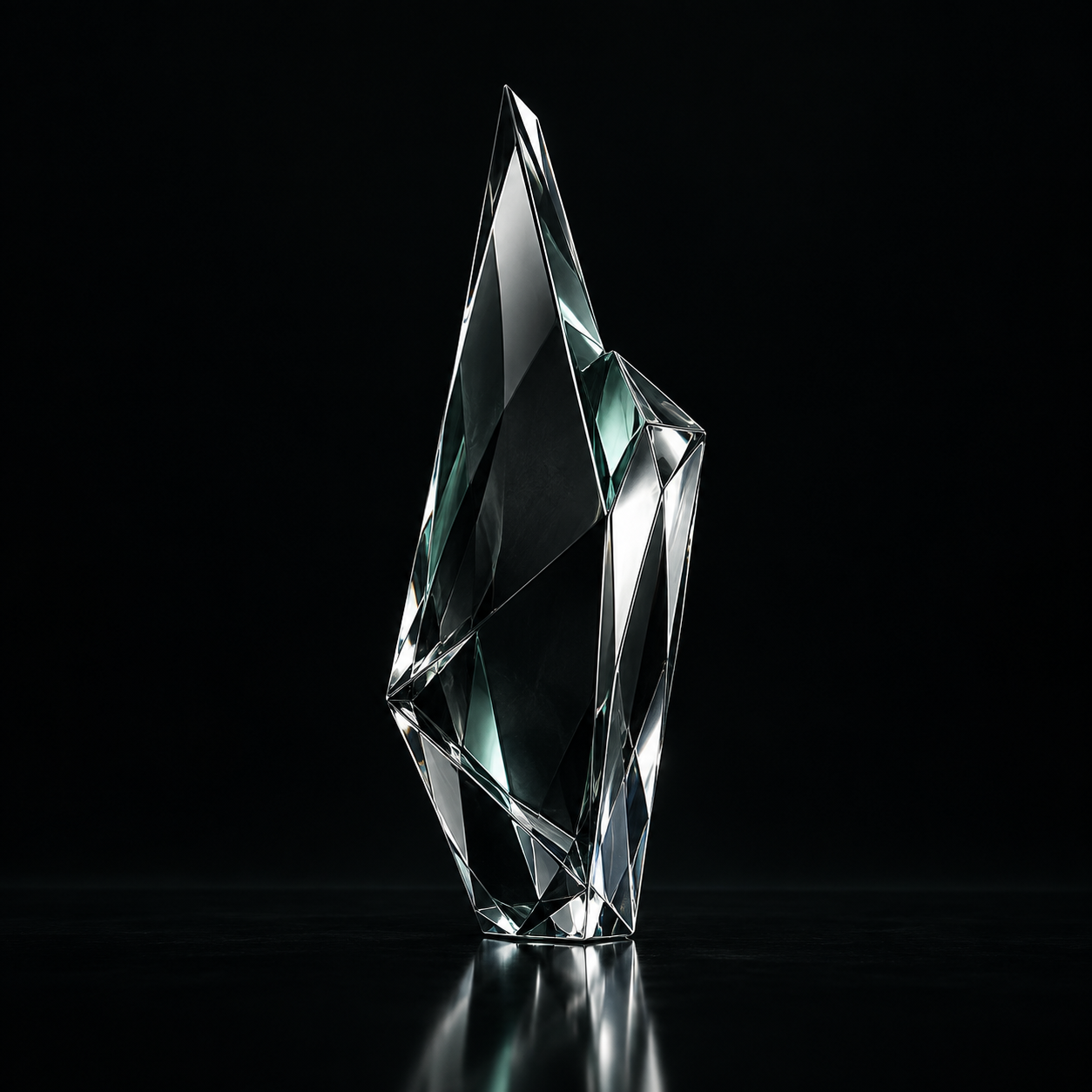 A faceted glass shard standing against a dark surface